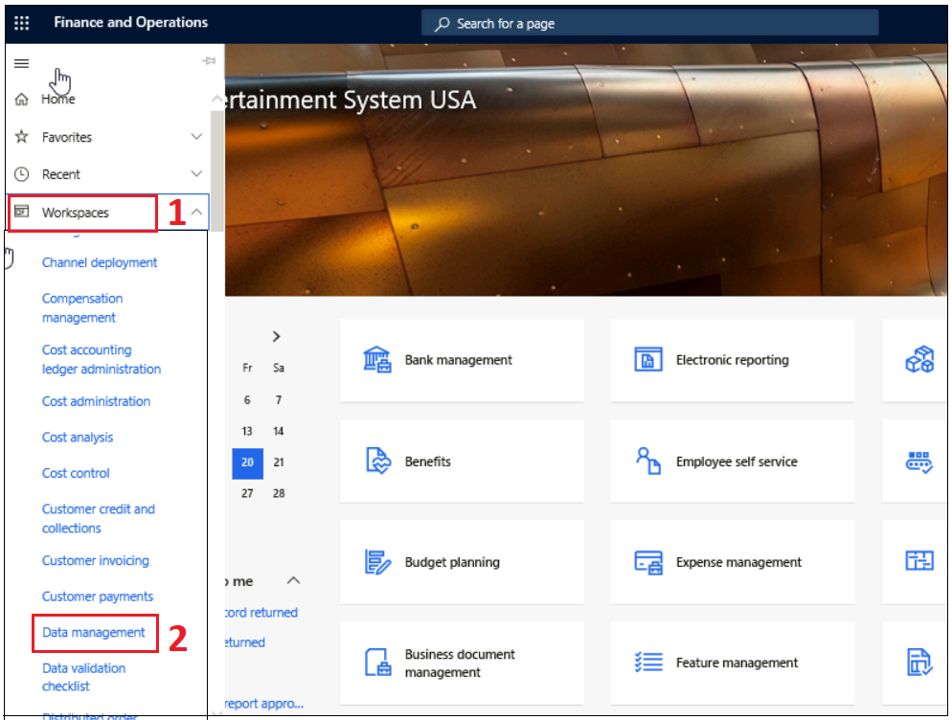 Screenshot of Finance and Operations with Workspaces and Data management highlighted