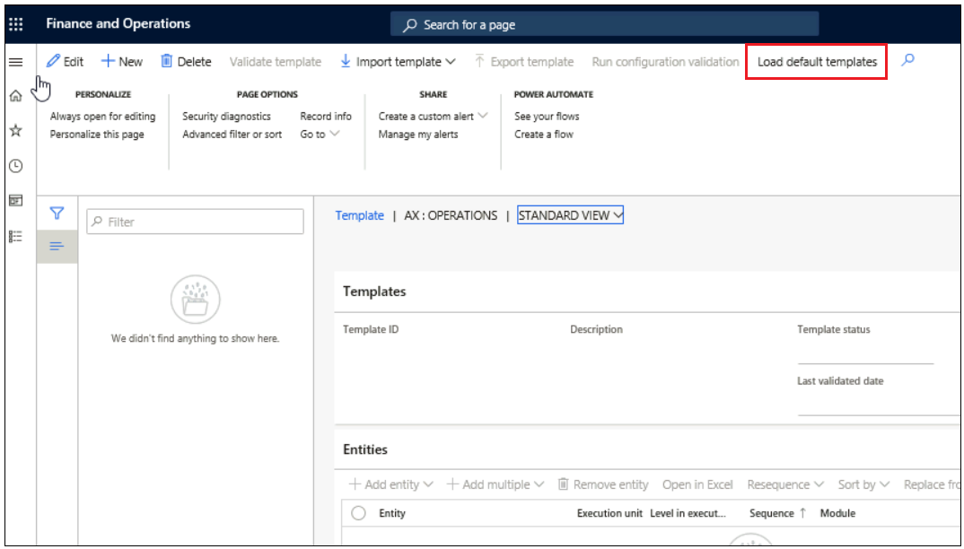 Screenshot of Data management window with Load default templates highlighted